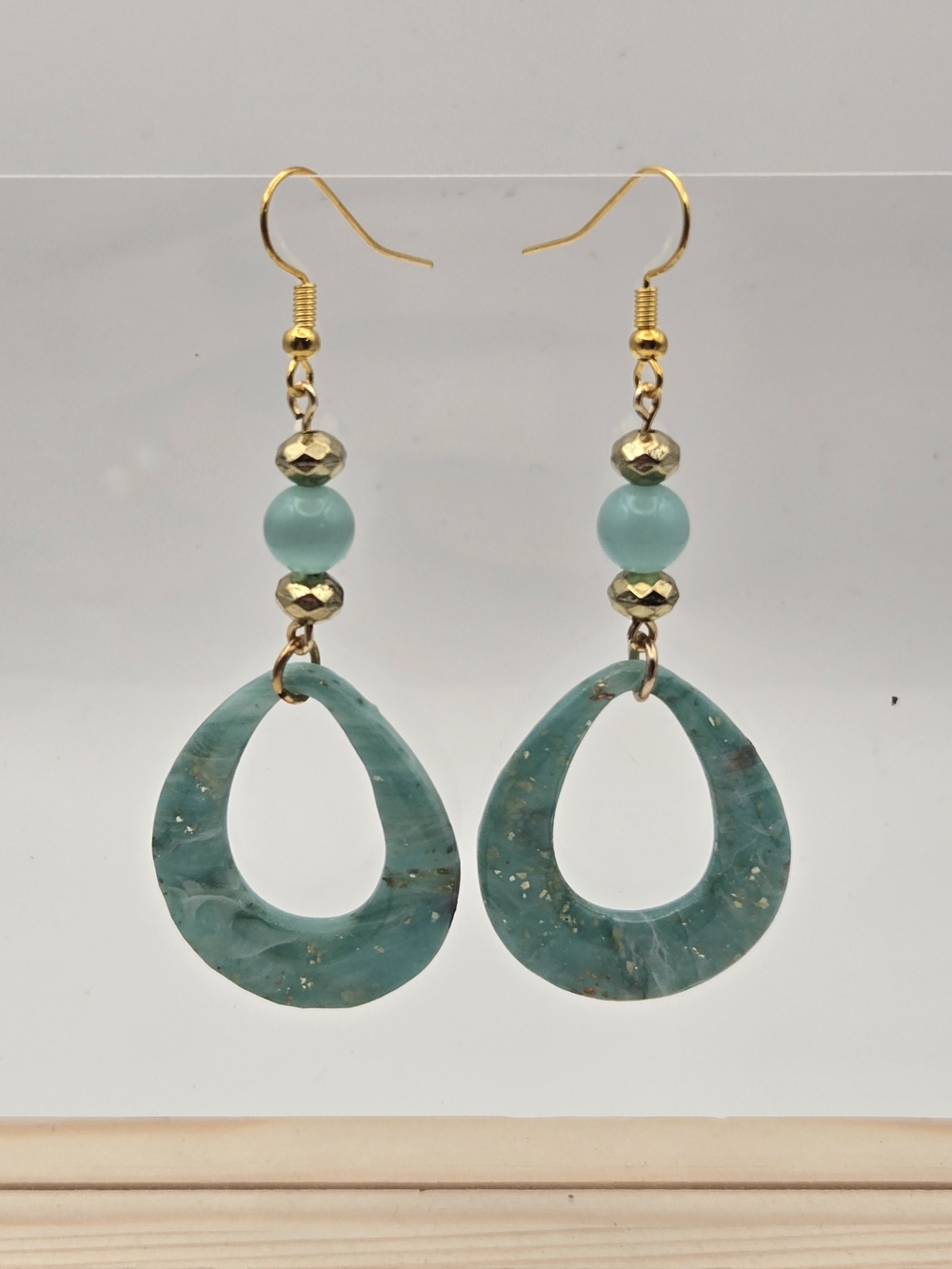 Gold-Trim Teal Resin Teardrop Earrings
